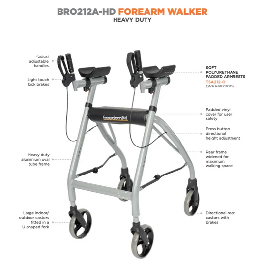 BRO212A-HD heavy duty forearm walker with padded armrests, swivel handles, large castors, and adjustable height