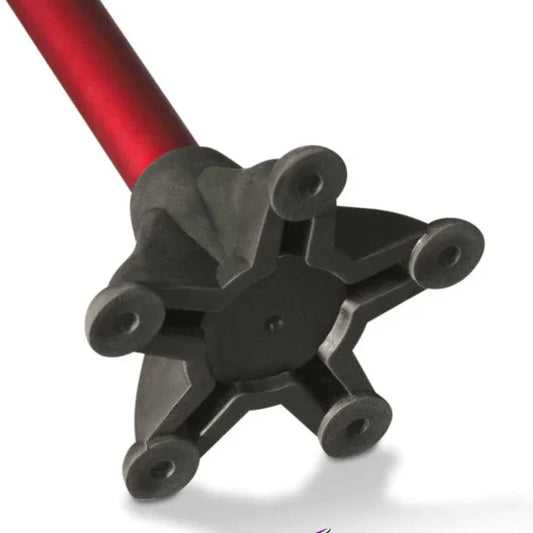 close-up of red dog walking cane with black five-pronged rubber tip for stability