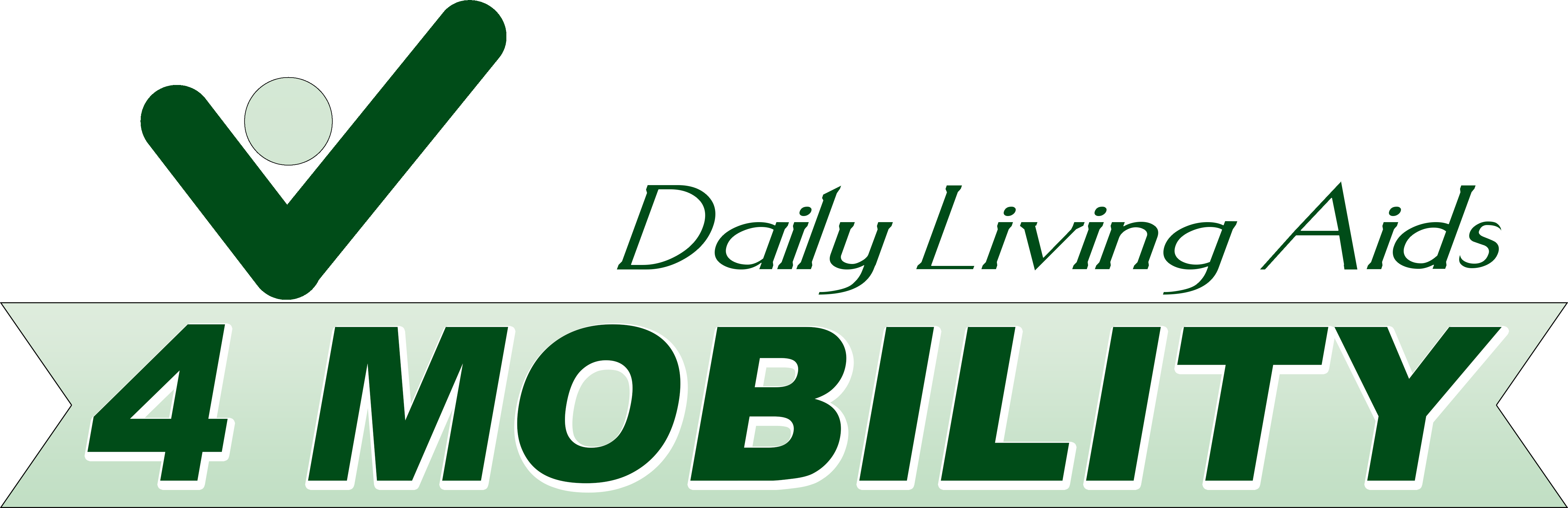 4 MOBILITY logo with green and light green colors featuring a checkmark figure and text Daily Living Aids