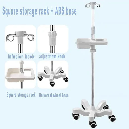 Medical IV pole with infusion hook, adjustable knob, square storage rack, and universal wheel base