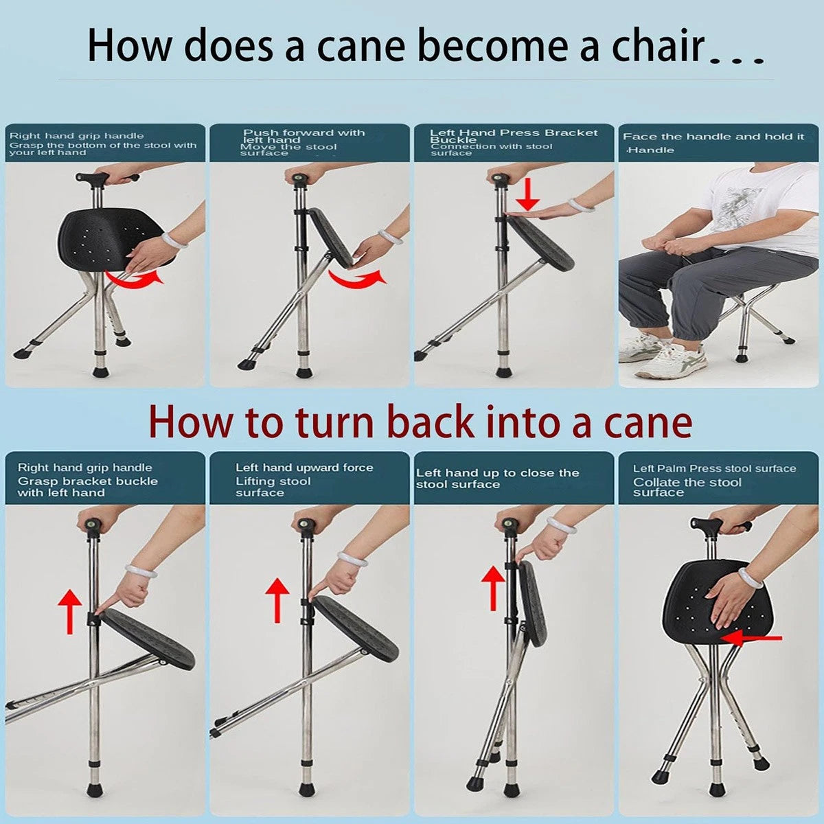 Folding Walking Hand Cane with Seat and Three Legs