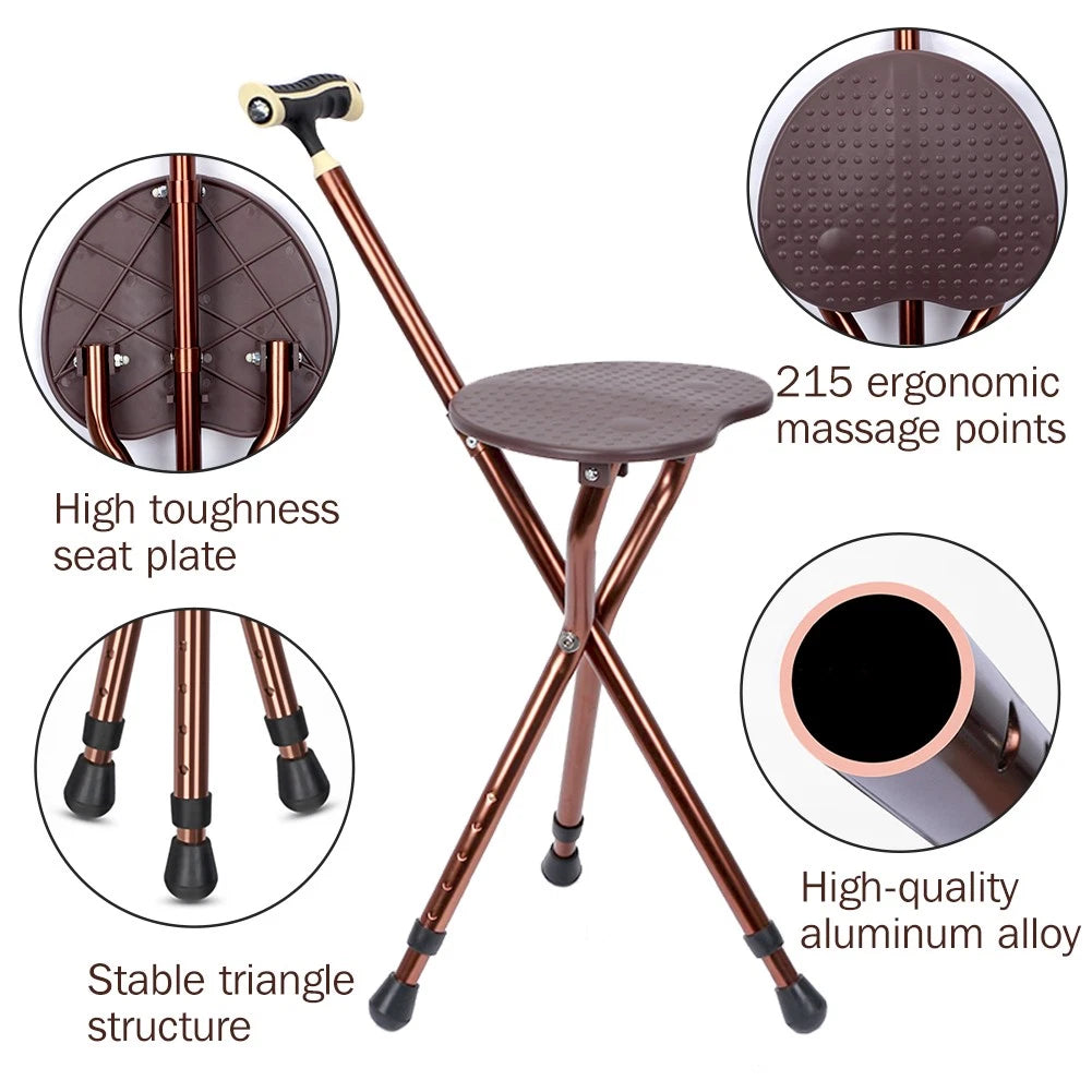 Folding Tripod Walking Hand Stick Stool with Seat and Three Legs