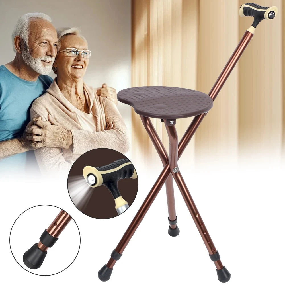 Folding Tripod Walking Hand Stick Stool with Seat and Three Legs