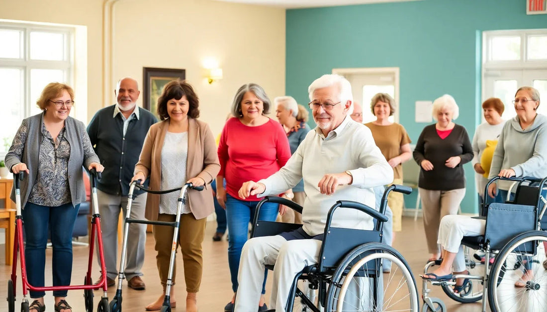 Group of elderly people with walkers and wheelchair in bright nursing home activity room