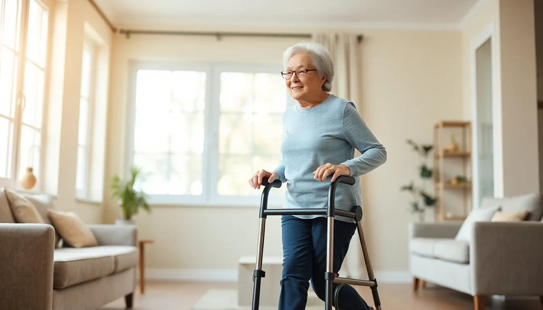 Senior woman with walker in bright living room with beige sofas and large windows