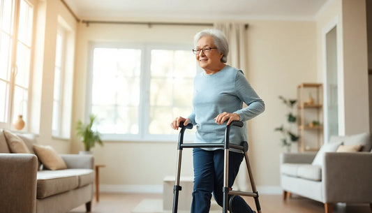 Senior woman with walker in bright living room with beige sofas and large windows