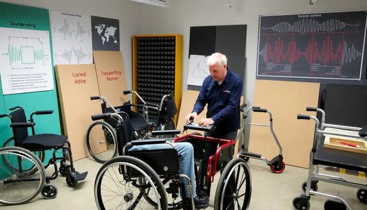 Man demonstrating wheelchair operation to seated person in room with soundproofing posters and equipment