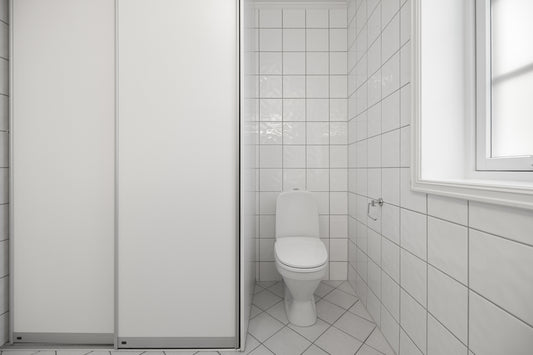 A bathroom with a toilet and a shower stall