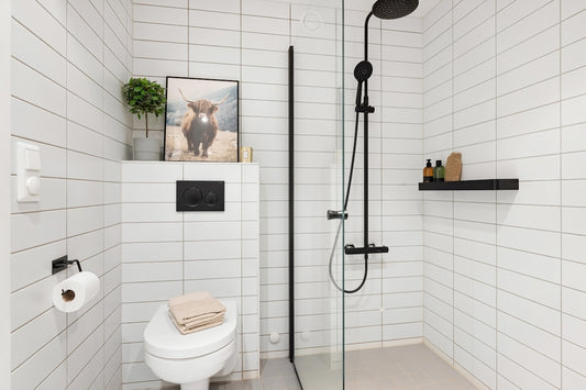 A bathroom with a toilet and a shower