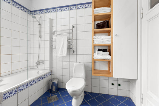 A bathroom with a blue floor and white walls