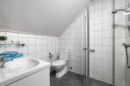A bathroom with a toilet, sink, and shower