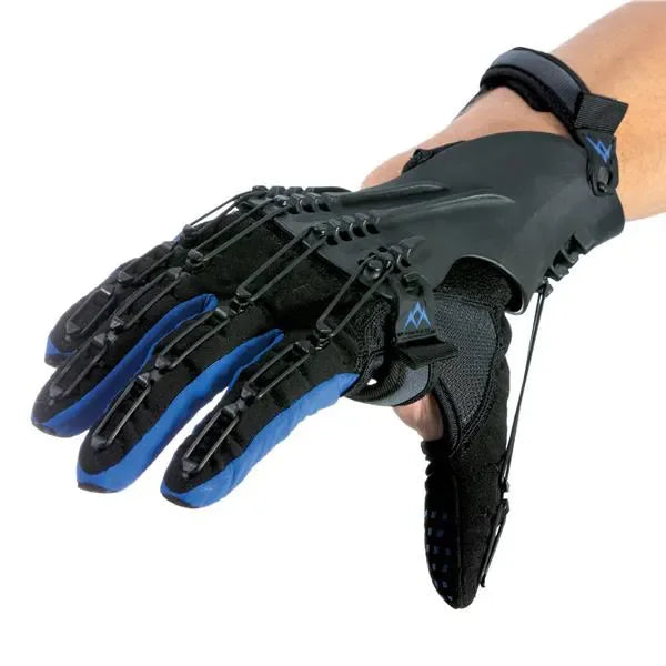 Black and blue tactical glove with protective knuckle armor and adjustable wrist strap