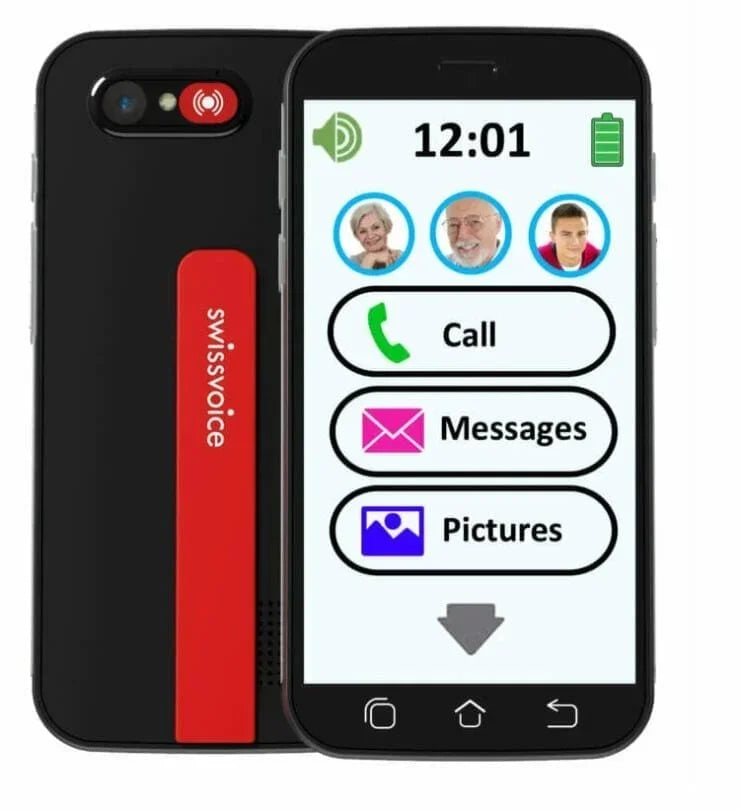 Swissvoice black and red senior-friendly smartphone with large icons for call, messages, and pictures