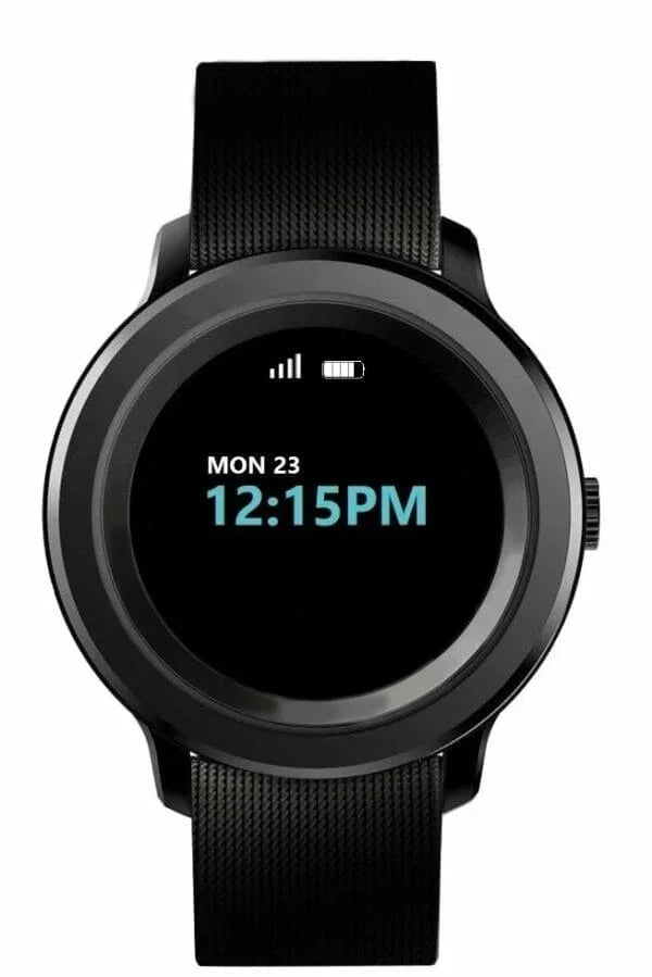 Black smartwatch with digital display showing Monday 23, 12:15 PM, signal and battery icons