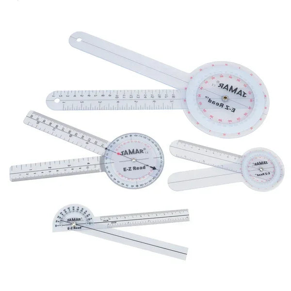 Set of four transparent white Jamar E-Z Read goniometers with measurement scales on white background