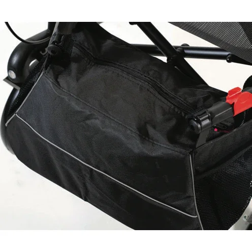 Close-up of black storage bag attached to stroller frame with zipper and red locking clip