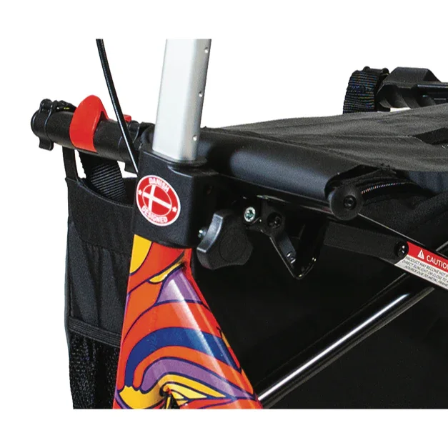 Close-up of a black walker with colorful orange and blue swirl design and Danish-designed emblem