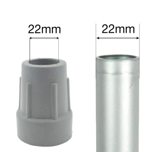 22mm gray rubber cane tip next to a 22mm silver metal cane tube for walking aid
