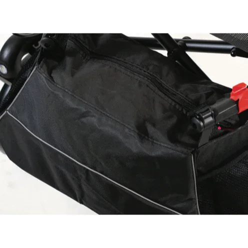Black fabric golf cart accessory bag with zipper and reflective strip attached to frame