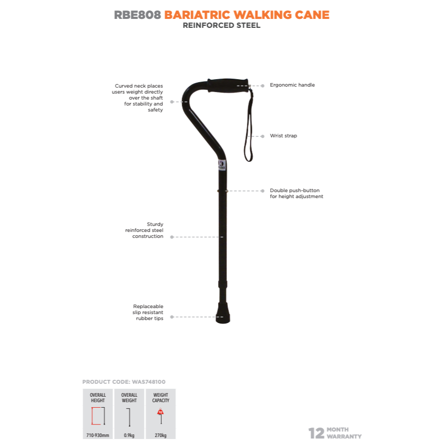 Freedom Bariatric Walking Cane Reinforced Steel 270Kg