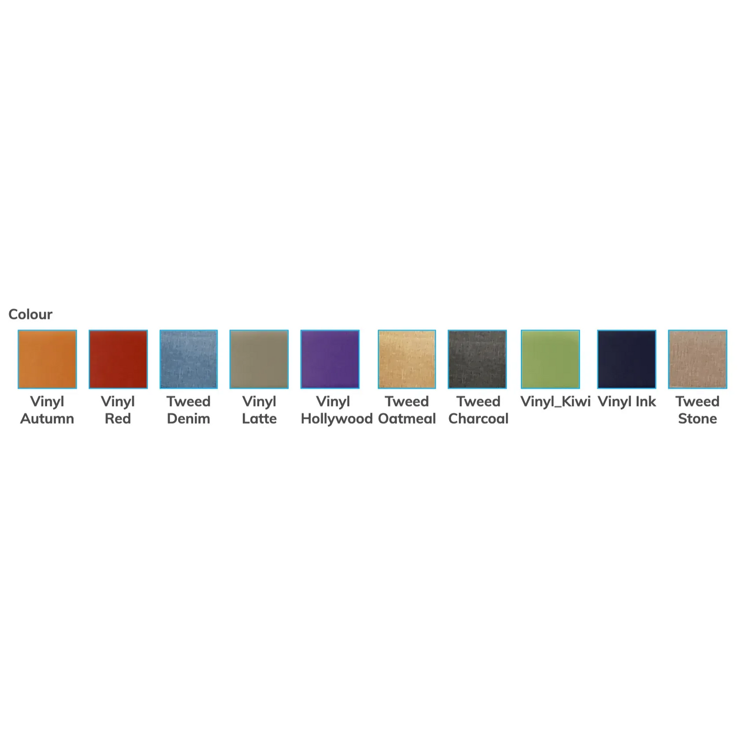 Color options for the Aspire BC2 Waterfall Day Chair including vinyl and tweed fabrics