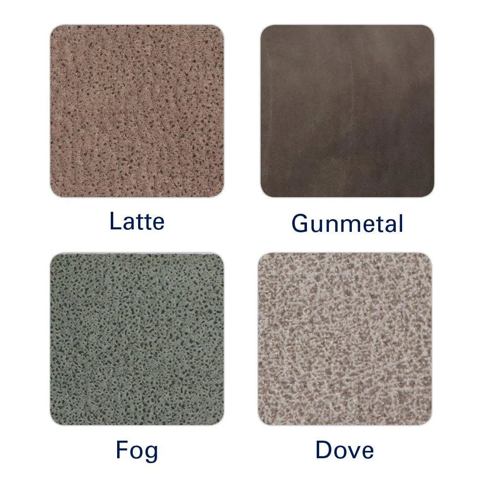 Aspire Da Vinci lift recliner chair color samples including Latte, Gunmetal, Fog, and Dove options