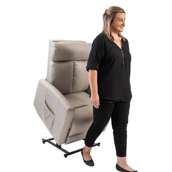 Aspire Renoir Quattro lift recliner chair with a woman demonstrating its features and design
