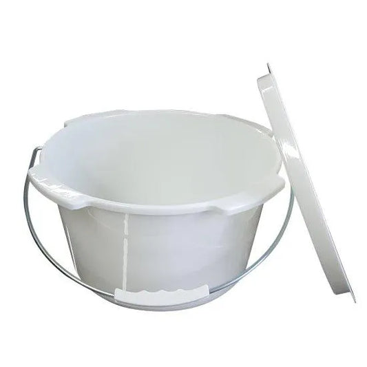 Aspire commode bowl with handle and lid for easy use and sanitation.