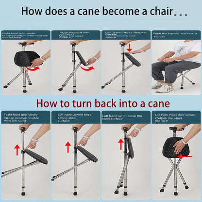 Folding Walking Hand Cane with Seat and Three Legs