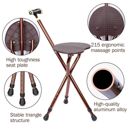 Folding Tripod Walking Hand Stick Stool with Seat and Three Legs