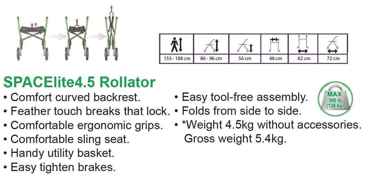 SPACELITE SpaceLite4.5 Supa-Light-Weight Rollator HMR900101 - 4MOBILITY WA - Mandurah