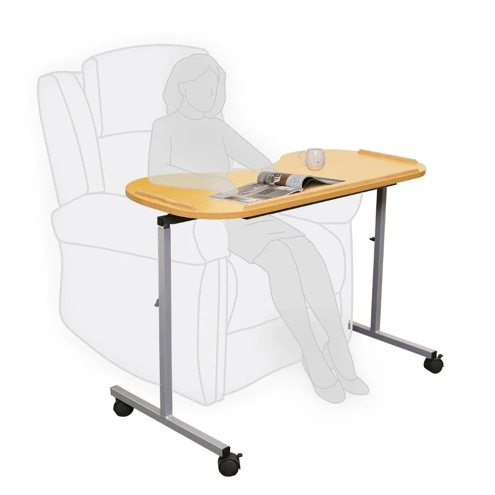 Aspire Overbed Table for disability support featuring adjustable height and rolling wheels for convenience